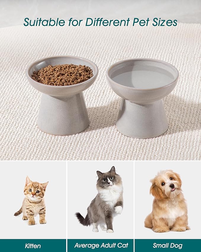 vancasso Ceramic Elevated Cat Bowls 2-Pack - 6.2" Extra Wide Raised Cat Food & Water Dishes, 5.1" Optimal Height Anti-Whisker Fatigue Shallow Bowls for Cats/Kittens/Dogs, Lead & Cadmium Free (Grey)