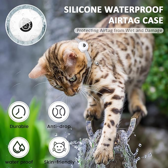 Apple AirTag Cat Collar, GPS Tracker with Reflective Breakaway Design, Lightweight Kitten Collar with Bell (Gray/Luminous Blue)