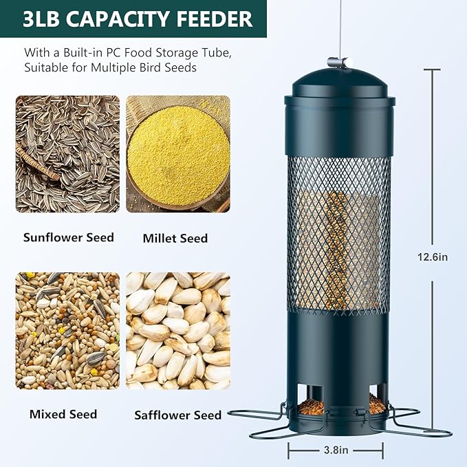 LCSEVEN Bird Feeders for Outdoors Squirrel Proof with Weight-Activated Perches, Hanging Bird Feeder for Outside, Metal Feeder for Wild Cardinal, Finch, Blue Jay, Chickadee, 3LB Seed Capacity, Green