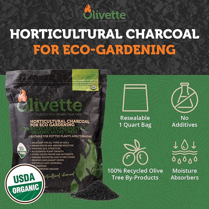 Olivette Horticultural Biochar Activated Charcoal for Plants, USDA Organic Moisture Control for Terrarium Trees & Potted Plants, Eco-Conscious, 3 Bags