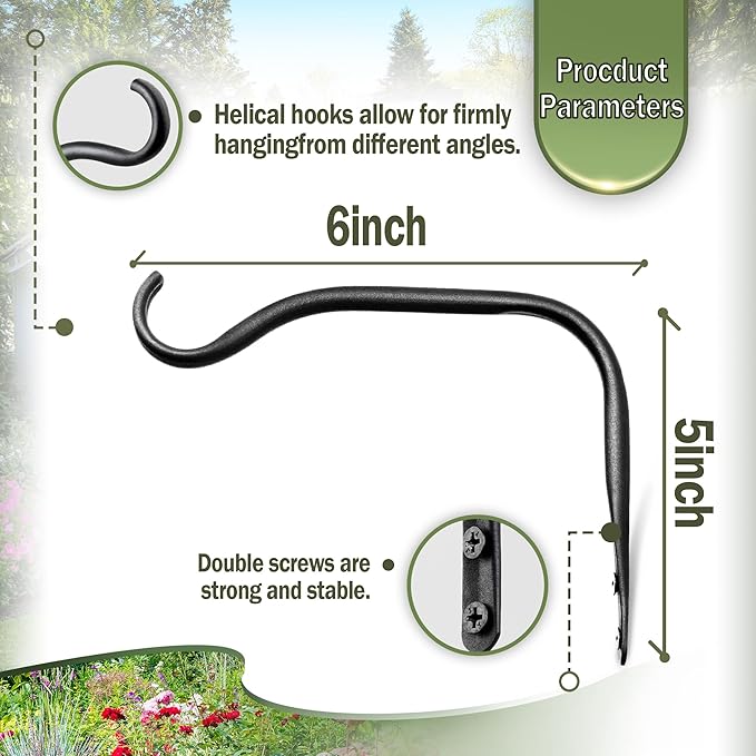 Durable Plant Hangers Brackets: 2 Pack 6 Inch Outdoor Metal Hanging Plant Brackets - Rustproof Wall Hooks for Hanging Flower Basket Bird Feeders Wind Chimes and Lanterns