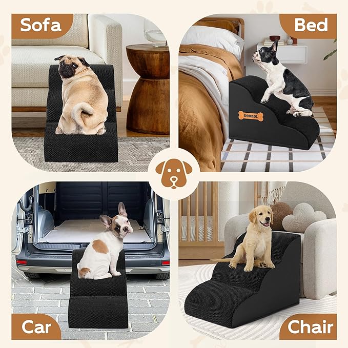 Romrol Dog Stairs Ramp for High Beds Couches, High Density Foam Pet Steps with Durable Non-Slip Waterproof Fabric Cover, Dog Stairs for Small Dogs or Cats or Pets, 3-Step,15 Inch,Black