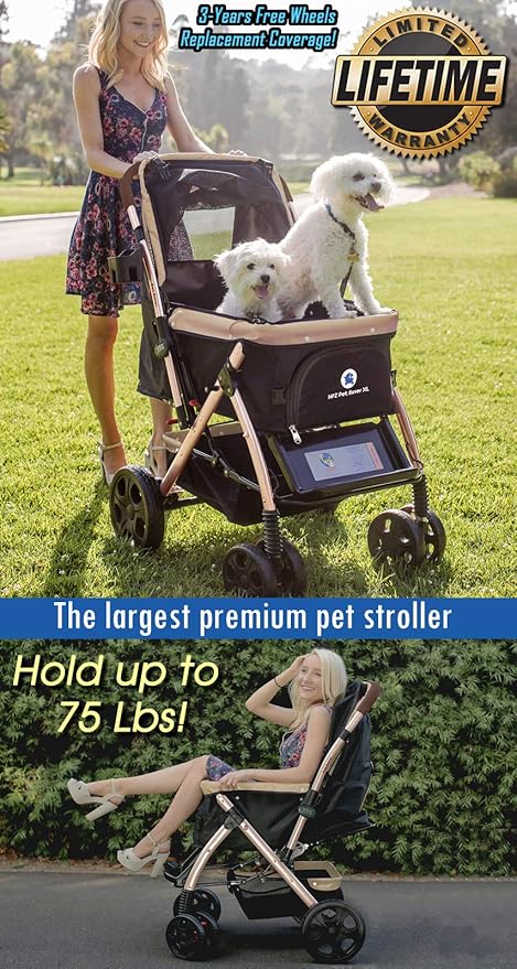 XL Extra-Long Premium Heavy Duty Dog/Cat/Pet Stroller Travel Carriage for Small, Medium, Large Pets (Taupe 2nd-Gen)