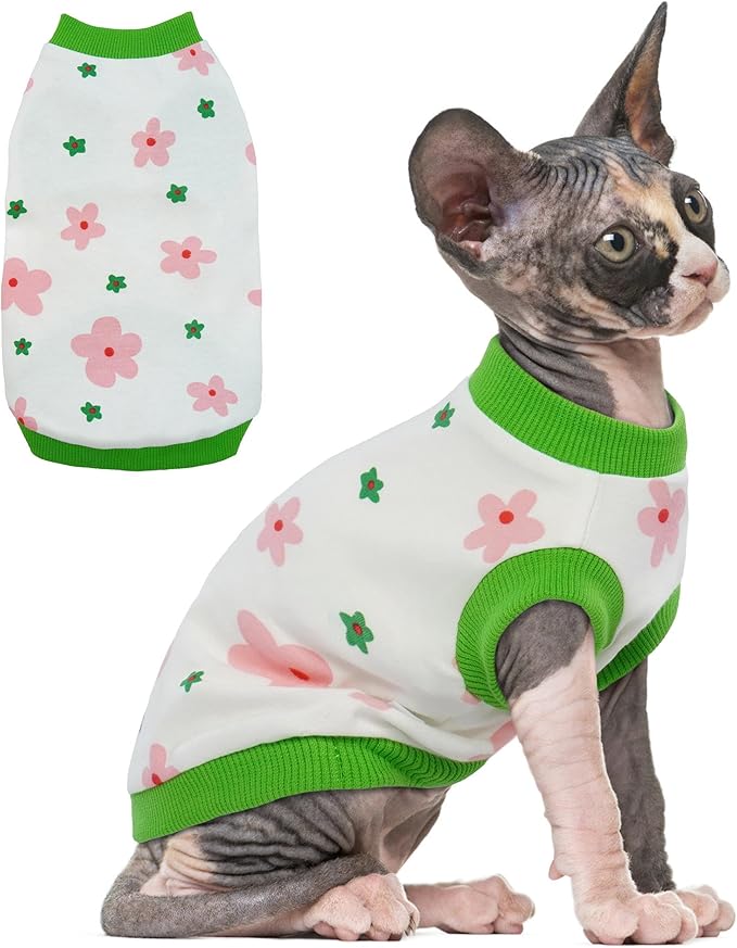 PUMYPOREITY Sphynx Cat Clothes: Stretchy Sweater, Soft Hairless Shirt, Pullover Pajamas, Turtleneck for Sphynx Cornish Rex, Devon Rex - Green, M