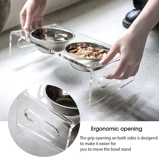 Tilted Raised Elevated Food and Water Bowls Stand for Cat or Small Dogs - Puppy's Clear Acrylic Stainless Steel Dishes Holder for Boy or Girl Pet,Modern,Durable and Easy to Clean by WBhonghui (Clear)