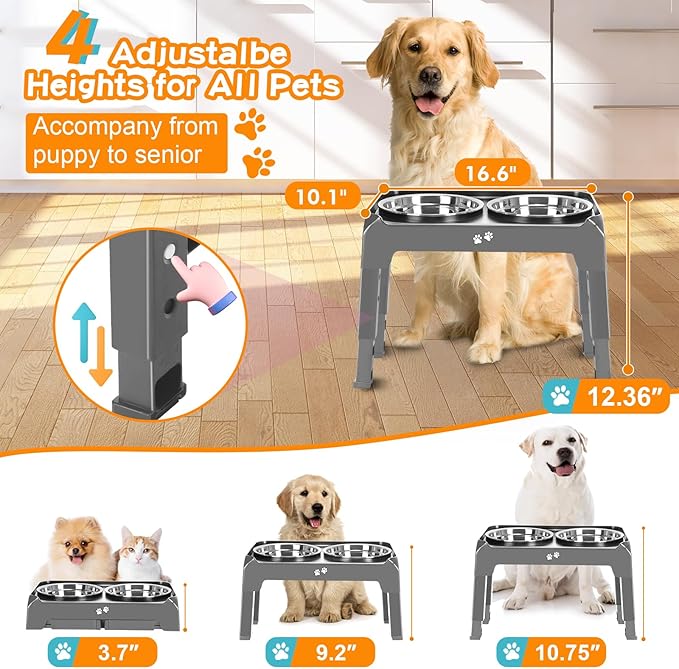 Elevated Bowls, 4 Height Adjustable Raised Stand With 2 Thick 50oz Stainless Steel Food Bowls, Non-Slip Feeder for Large Medium Dogs, Adjusts to 3.7", 9.2", 10.75", 12.36" Grey