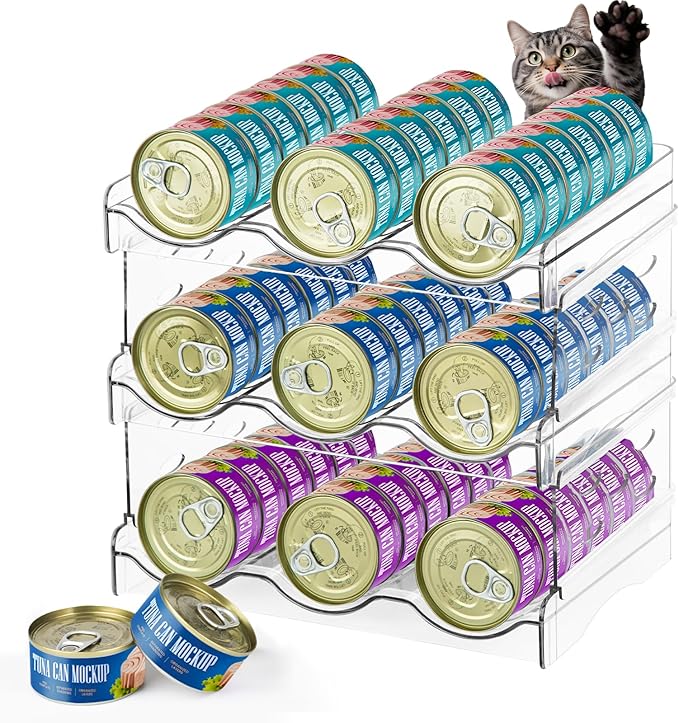 REFLYING Cat Food Can Organizer, Can Organizer for Pantry，Transparent Cat Food Storage Container Holds 54 (3.5oz) Cans, Canned Food Organizer and Storage for Countertop Kitchen Cabinet (3 Layers)