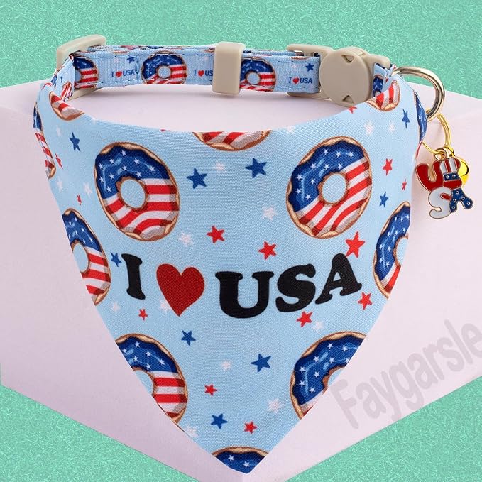 Faygarsle 2 Pack Patriotic Cat Collar Set with Bandana and Bow Tie, USA Flag Donuts Pattern, Light Blue