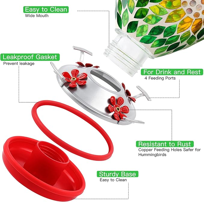 VOREEN Glass Mosaic Hummingbird Feeders, 34OZ with Ant Moat & 4 Feeding Ports, Hand Blown Glass Outdoor Hanging Bird Feeder, Porch Garden Backyard Decor, Gift for Mom Wife Friend, Sunflower Design