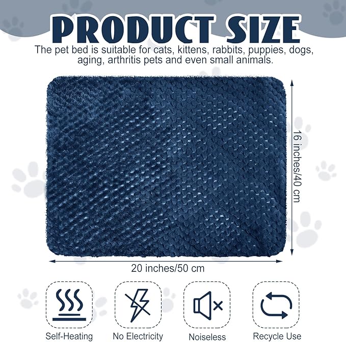 4 Pcs Self Heating Cat Pad Self Warming Cat Bed Dog Heating Pad Washable Thermal Pet Mat for Indoor Outdoor Pet 16 x 20 Inch Removable Non Slip(Navy Blue)
