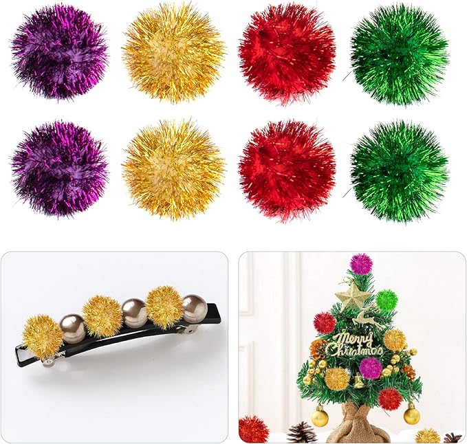 AUEAR, 24 Pack 2 Inch Extra Large Sparkle Cat Ball Glitter Tinsel Pom Pom Balls for Kittens (4 Assorsted Colors)
