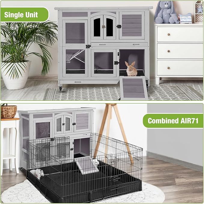 GUTINNEEN Large Rabbit Hutch Indoor with Chew-Proof Ramp, 47" Wooden Bunny Cage Guinea Pig Cages with Casters, Leak-Resistant Trays for Rabbits, Guinea Pigs, Small Animals