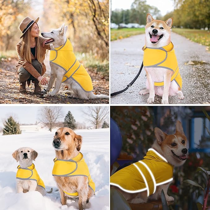 Dog Raincoat for Medium Dogs Puppies Waterproof Hooded Rain Jacket with Reflective Strips Leash Hole & Poncho Adjustable Fit (Yellow,M)