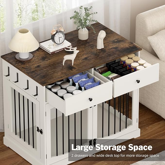 40 Inch Furniture-Style Dog Crate-Multipurpose Wood Pet Crate Furniture with Double Doors,2 Drawers, Decorative Dog House Indoor for Smal/Medium Dogs, White Finish