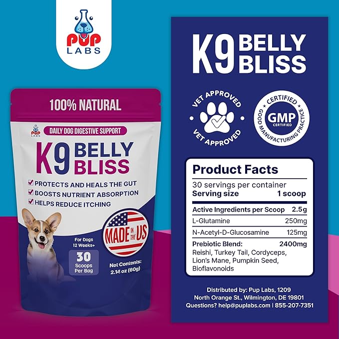 K9 Belly Bliss, All-Natural Gut Health for Dogs, Vet Approved Prebiotic for Dogs for Daily Digestive Support & Dog Constipation Relief, Topper for Dry & Wet Food, 6 Pack with 30 Scoops Each.