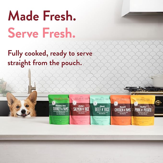 Portland Pet Food Company Fresh Dog Food Pouches Human-Grade Toppers Wet Pet Meal & Mix-Ins - Gluten-Free Limited Ingredient Wally’s Salmon N’ Rice - Large & Small Breed, Puppy to Senior - 5 Pack