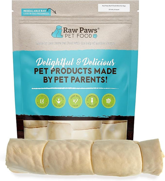 Raw Paws Beef Cheek Rolls for Dogs Large - 10 inch (4 Pack) - Packed in USA - Free-Range, Rawhide Alternative Dog Chews - Retriever Rolls - Beef Cheeks for Dogs