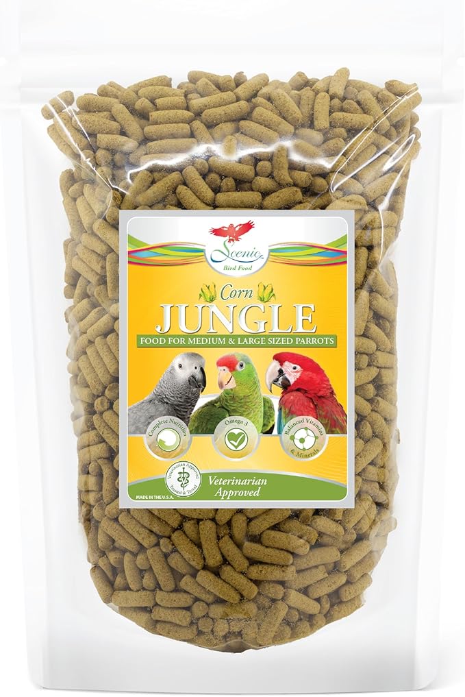 Scenic Corn Jungle Premium Parrot Food - Natural Flavors, High Protein, Low Iron Bird Pellets for Large Parrots, Macaw Food, Cockatoo & African Grey Parrots, Omega 3, Vitamins, Minerals, 2 LB