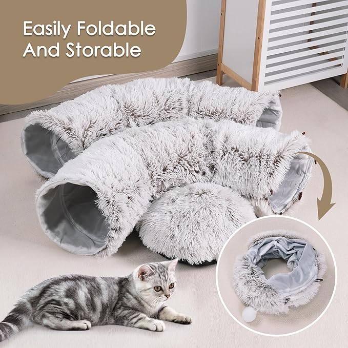 Cat Tunnel Bed for Indoor Cats, Peekaboo Cat Cave with Washable Soft Play Mat, Furry Cat Tube, for Kitten/Puppy/Rabbit, Brown