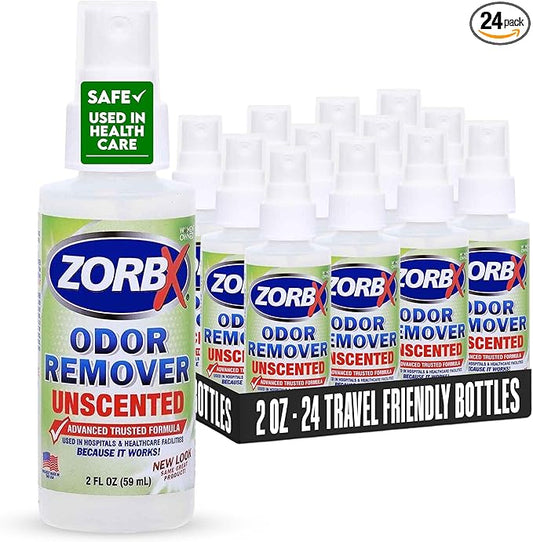 ZORBX Unscented Odor Eliminator for Strong Odor 2 Oz, Pack of 24 - Used in Hospitals & Healthcare Facilities - Advanced Trusted Formula, Fast-Acting Odor Remover Spray for Dog, Cat, House & Carpet