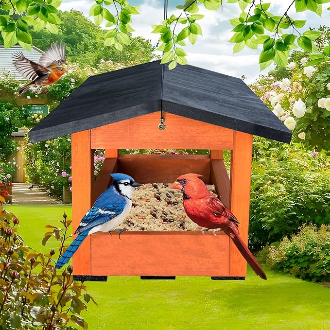 Wooden Hanging Bird Feeder Tray – Outdoor Platform Feeder for Cardinals, Squirrels, and Small Birds – Bird House Style for Backyard Garden (Orange)