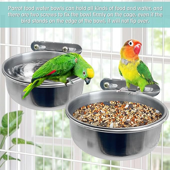 PINVNBY 2PCS Stainless Steel Bird Bowl Parrot Food Water Bowls with Clamp Holder Bird Feeder Dish Cups Crate Bowls for Cockatiel Pigeons Conure Budgies African Greys (Double Screws Size: L)