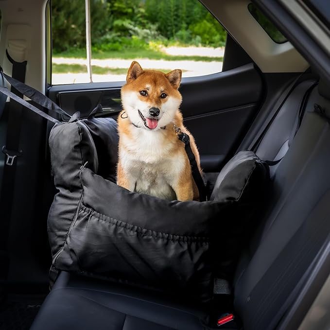 JACKO & CO - Premium Dog Car Seat v2 Booster Seat for Small & Medium Pets Under 40lbs - Machine Washable w Removable Covers, Water Resistant w Clip-On Leash for Back Seat Use (Black/Medium (20-40lbs)