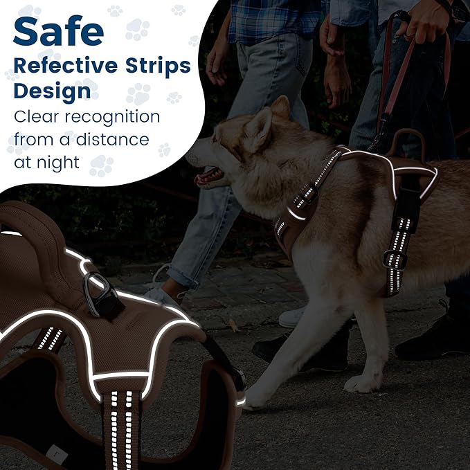 Funfox Dog Harness No Pull, Adjustable Pet Vest Harness, Super Soft Material with Vertical Handle Easy Control, Reflective Night Walking, 2 Leash Clips for XLarge Dogs, Brown, XL