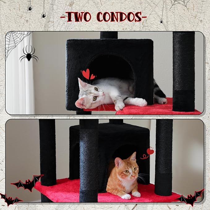PAWZ Road 70 Inch Cat Tower, Gothic Cat Tree with 2 Cozy Condos, 2 Plush Perch, Large Basket, 2 Scraching Pad & 6 Scraching Posts for Indoor Cats Large Adult