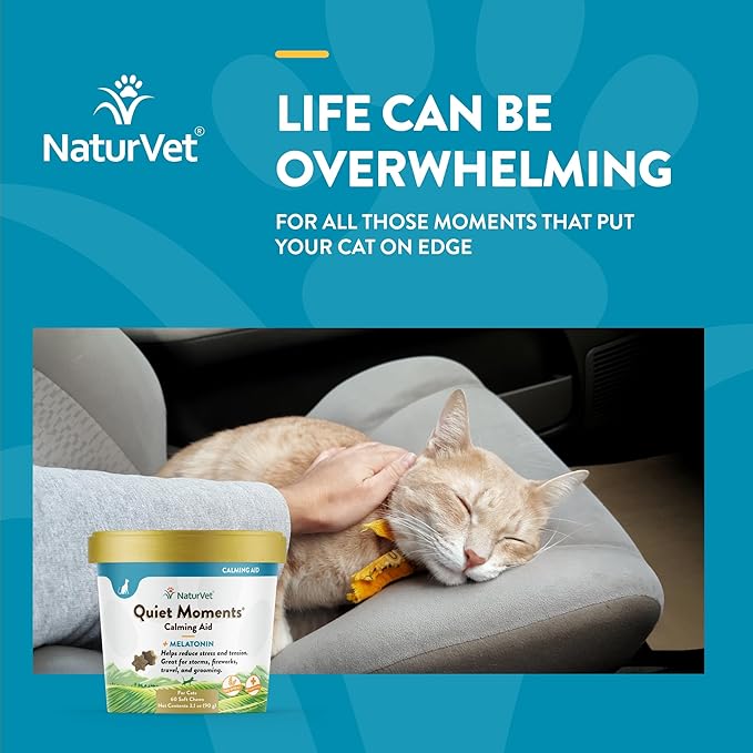 NaturVet –Quiet Moments Calming Aid for Cats Plus Melatonin – 60 Soft Chews – Helps Reduce Stress & Promote Relaxation – Great for Storms, Fireworks, Travel & Grooming