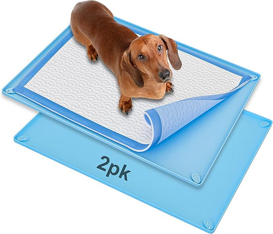 Skywin TidyFriend Pee Pad Holder Tray for 30 x 23 InchesPeepad with Corner Clips, 2 Pack Silicone Dog Potty Tray, Easy to Clean No Spill Dog Potty Training Pad Holder (Blue)