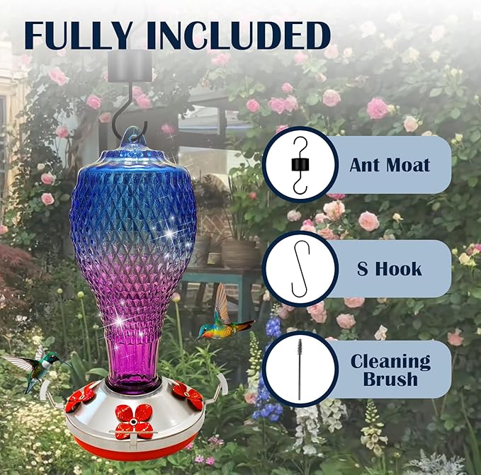 Hummingbird Feeder for Outdoors,17 OZ Glass Humming Bird Feeder for Garden,Backyard Decor,Four Flowers Feeding Ports,Leak Proof,Ant Moat Included,Humming Gifts for Women