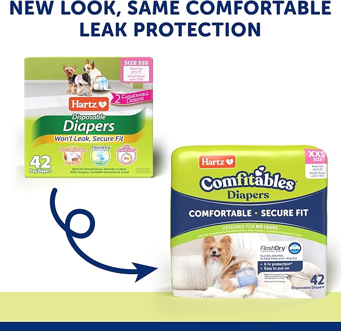 New! Hartz® Comfitables® Disposable Dog Diapers, Size XXS 42 count, Comfortable & Secure Fit, Easy to Put On, Super Absorbent Male and Female Diaper