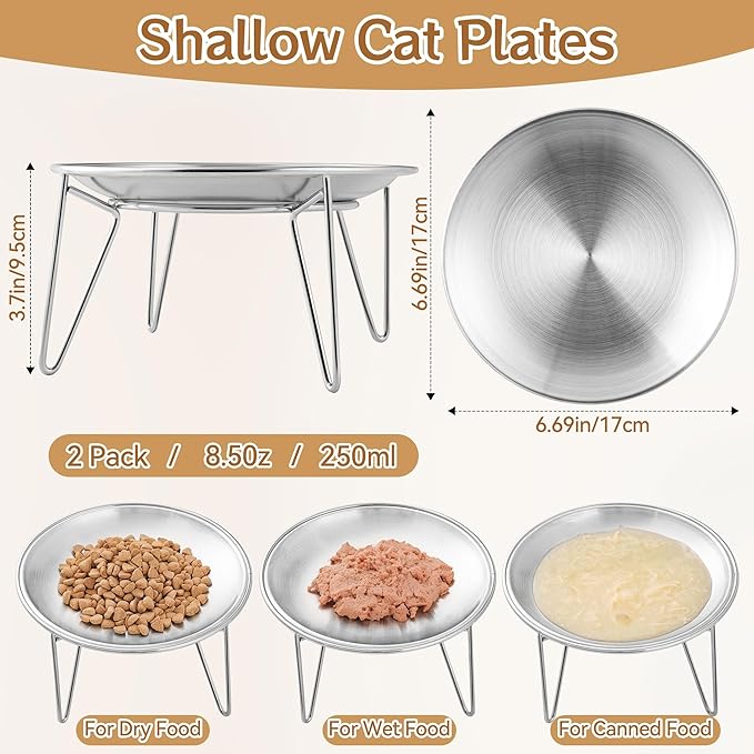 Cat Food Bowls, 2 Pcs Stainless Steel Cats Food and Water Whisker Fatigue Shallow Dishes, Small Dog Puppies Fat Faced Cat Kitten Supplies (2 Plates with Stand)