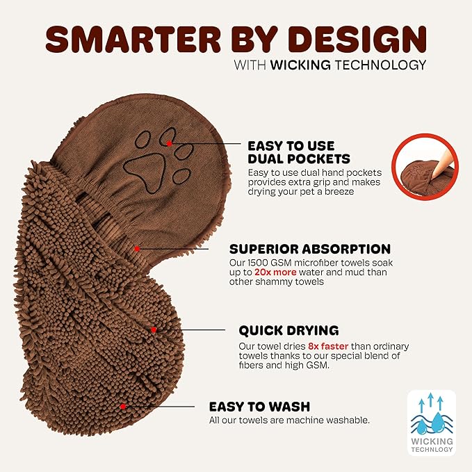 Dog Gone Smart The Dirty Dog Shammy - Fast Drying Plush Shammy Towel with Dual Hand Pockets and Elastic - Super Absorbent Microfiber and Machine Washable - Brown