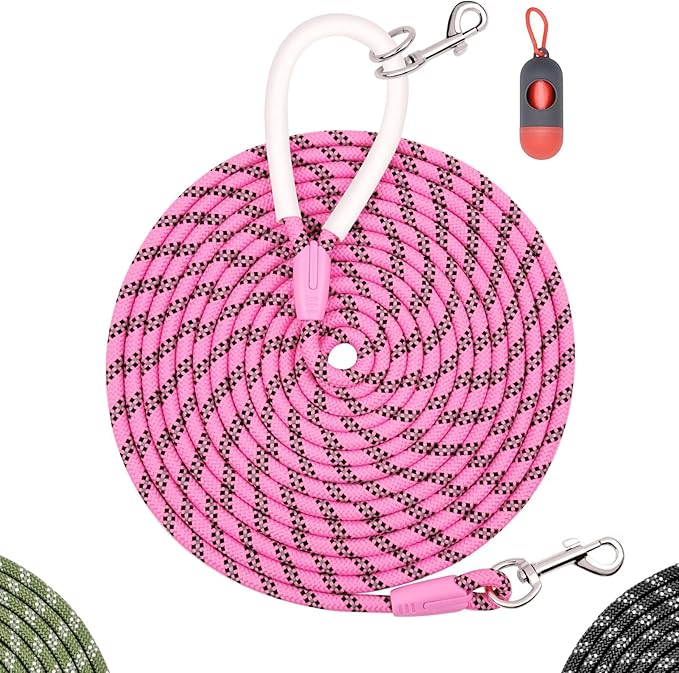 Nylon Dog Leash 6FT 10FT 20FT 30FT Diameter 2/5 Inch with Comfortable Silicone Handle Highly Reflective No Tangle for Medium Large Dogs Outside Walking Camping Backyard. (Pink, 10FT)