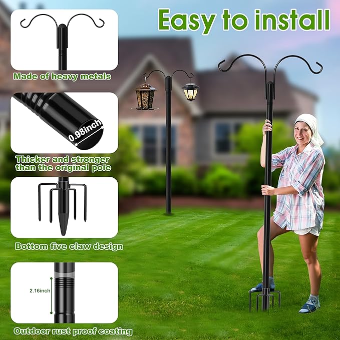 XDW-GIFTS Shepherds Hooks for Outdoor, 2-Pack 92 Inch Heavy Duty Bird Feeder Pole, Garden Pole for Hanging Plants, Lantern, Hummingbird Feeder, Hanging Plant Stand with 5 Base Prongs