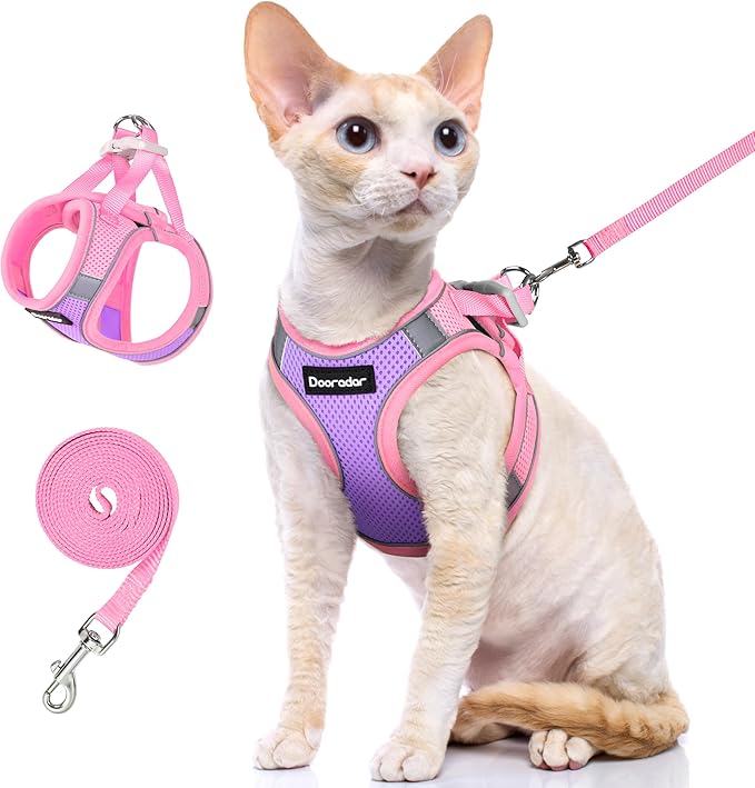 Dooradar Cat Harness and Leash Set, Escape Proof Lightweight Kitten Harness, Soft Breathable Reflective Vest for Outdoor Walking Traveling, Adjustable for Small Cats, Purple & Pink, S