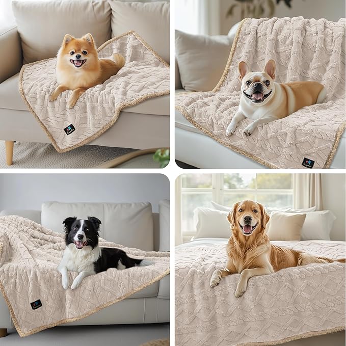 Waterproof Pet Blanket, Liquid Pee Proof Dog Blankets for Sofa Bed Couch, Reversible Sherpa Fleece Furniture Protector Cover for Small Medium Large Dogs Cats,Beige-Thicken Large（65" x 57"）
