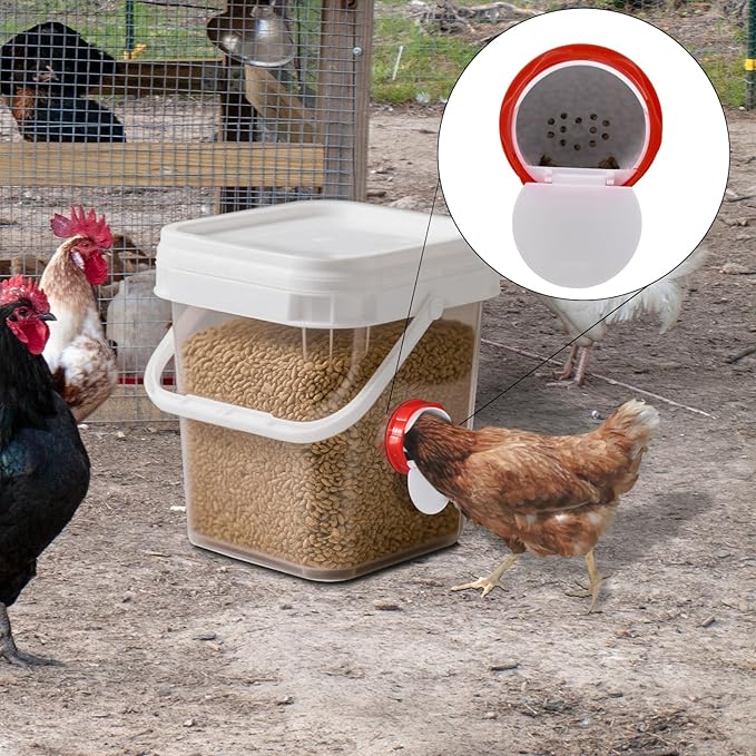 XKV Chicken Feeders Upgrade,AdjustableAutomatic Poultry Feeder with Covers,No Waste Design,Gravity Feed Kit for Buckets Barrels Bins Troughs,with 4 Chicken Feeders Ports and 1 Hole Saw