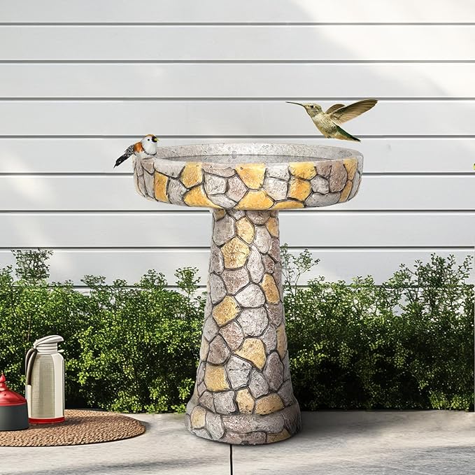 Outdoor Bird Bath - 24" H * 18.8" Φ Mosaic Stone Design BirdBath Perfect for Adding Interest to Your Garden, Patio, Backyard, Porch