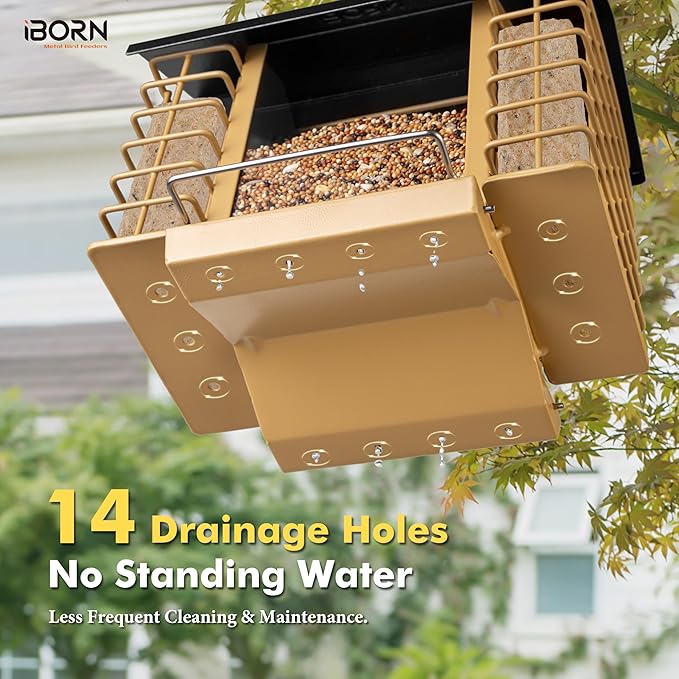 iBorn Bird Feeders for Outdoors,Bird Feeder with Double Suet Holders,Suet Feeder for Outside Hanging,Large Weatherproof Metal Roof,3.2 LBs Seeds Capacity + 2X Cakes,Easy to Refill & Clean,1 Pack,Black
