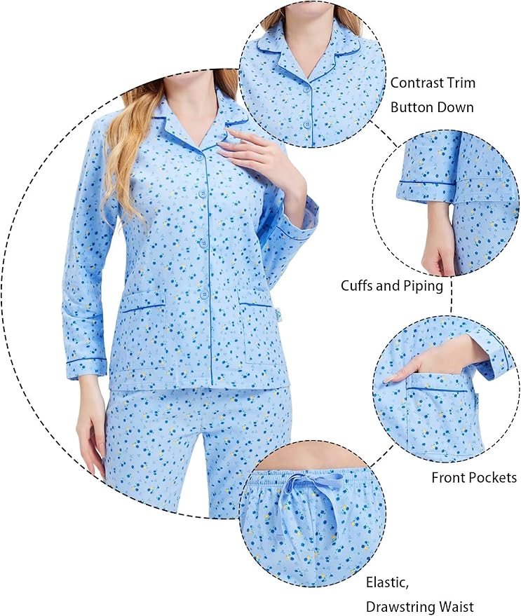 GLOBAL Flannel Pajamas for Women 2-Piece Comfy and Cozy Flannel Pj Set Cotton Loungwear