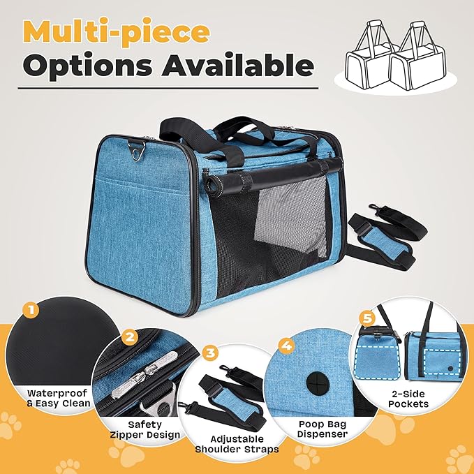YUDODO 25 lbs Lightproof Airline Approved Cat Small Dog Carrier for Travel Bag Soft Sided Pet Puppy Carriers with Side Pockets & Reflective Mesh, Foldable Portable for Outdoor Car Large Lake Blue