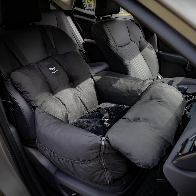 JACKO & CO - Premium Dog Car Seat v2 Booster Seat for Small & Medium Pets Under 25lbs - Machine Washable w Removable Cover Water Resistant w Clip-On Leash for Front or Back Seat (Black/Small (1-25lbs)