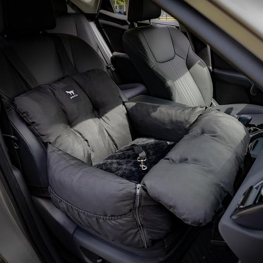 JACKO & CO - Premium Dog Car Seat v2 Booster Seat for Small & Medium Pets Under 25lbs - Machine Washable w Removable Cover Water Resistant w Clip-On Leash for Front or Back Seat (Black/Small (1-25lbs)