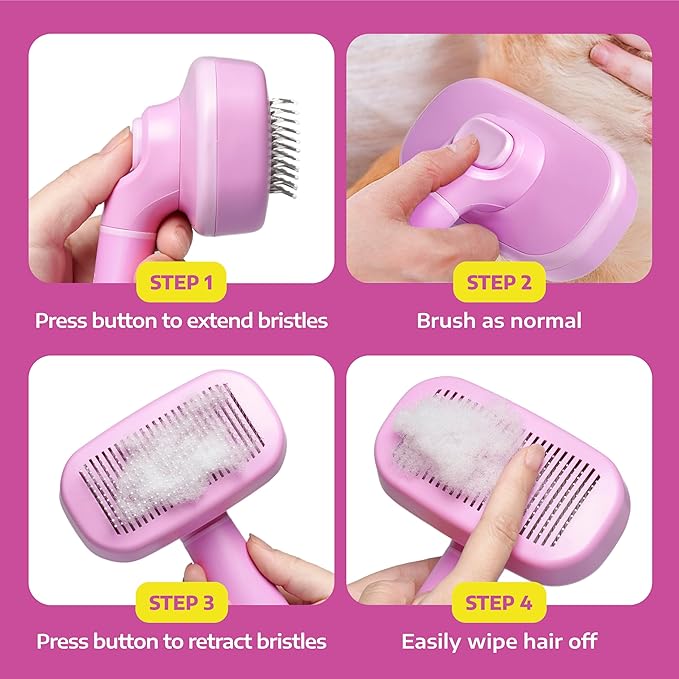 Hertzko Self Cleaning Slicker Brush for Cats & Dogs – Grooming Tool for Shedding Long & Short Hair – Retractable Bristles – Easy-Clean Cat & Dog Deshedding Brush – Painless Detangling - Pink