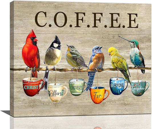 Rustic Bird Coffee Wall Art Kitchen Christ Coffee Pictures Wall Decor Farmhouse Cardinal Hummingbird Canvas Print Painting Artwork for Coffee Bar Living Room Bedroom 20"x24"
