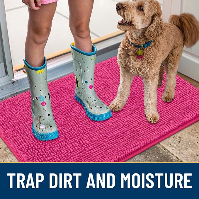 Smiry Dog Door Mat for Muddy Paws 30x20, Absorbs Moisture and Dirt Doormat, Non-Slip Washable Quick Dry Chenille Front Door Mat Indoor Entrance, Entryway Carpet for Inside Floor, Hot Pink