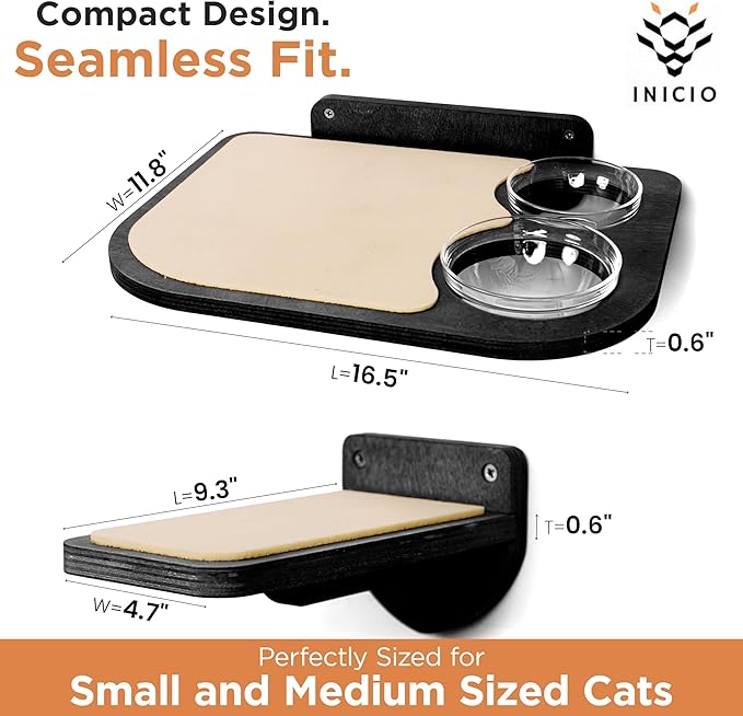 INICIO Cat Wall Shelves – Dog Proof Feeding Station with Wall Mounted Shelves, Durable 3 Step Birch Floating Shelf for Cats Up to 15lbs, Includes Attached Cat Food Bowl for Convenient Feeding – Black